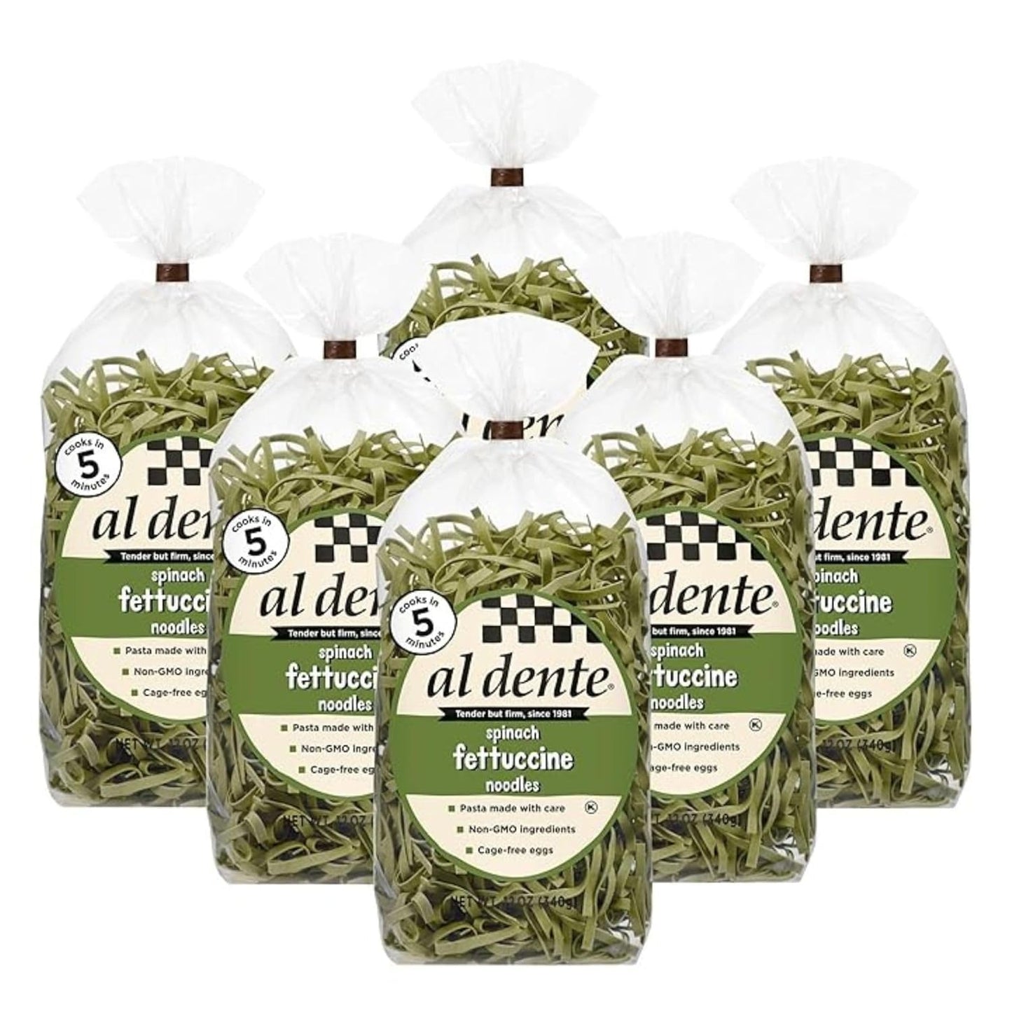 Al Dente Spinach Fettuccine – All-Natural Egg Pasta with Semolina & Spinach (12 oz, Pack of 4)